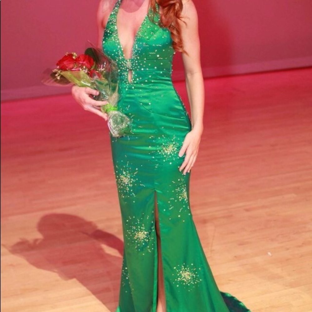Night Moves Green Sequin Halter Prom Dress